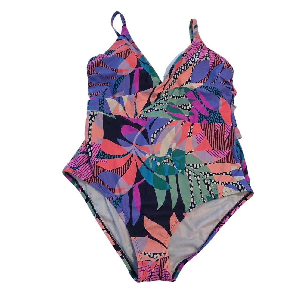 Freshwater Womens One Piece Swimsuit Multicolor Tropical Leaf Tie Back XL